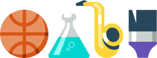 basket ball, flask, trumpet, paint brush icon